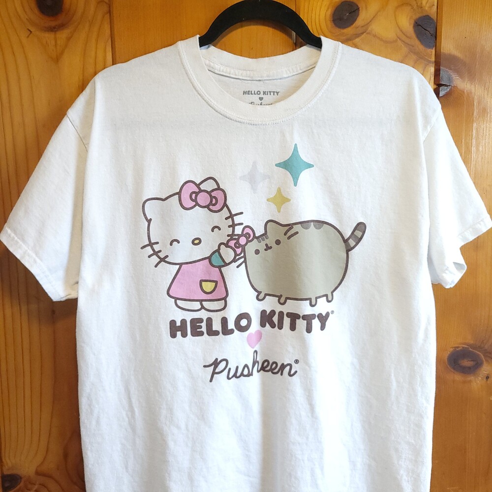 Hello Kitty Pusheen large White Cotton T-Shirt Graphic Tee